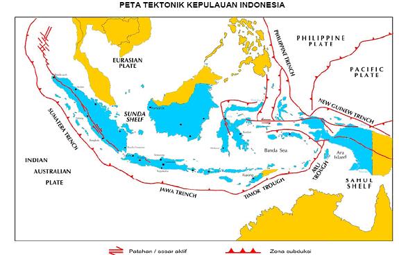 Peta tektonik kepulauan Indonesia, tampak zona subduksi dan sesar aktif